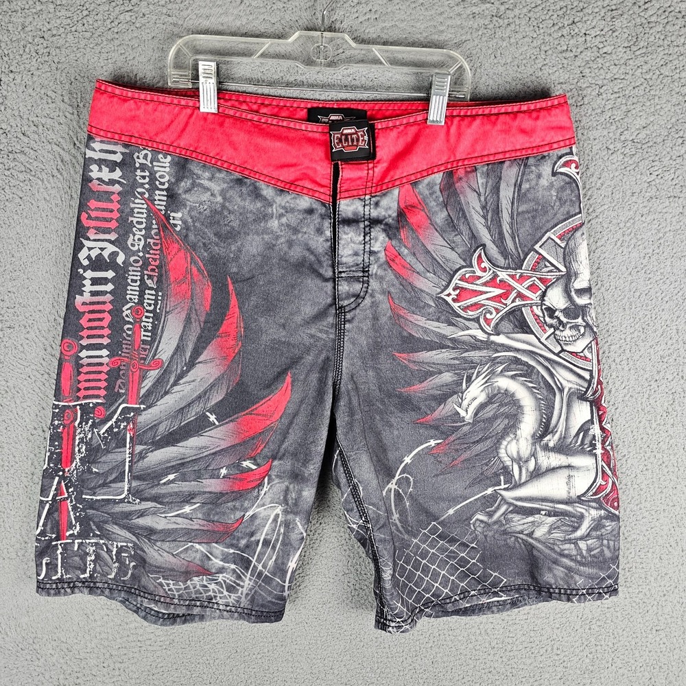 MMA Elite Board Shorts Men Large Grey Martial Arts Skull Cross Dragon Athletic